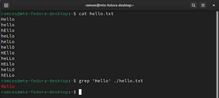 A terminal showing Grep's default case sensitive behavior.
