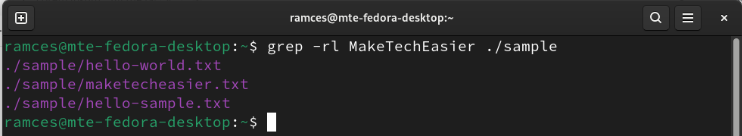 A terminal showing Grep printing the relative paths of files that contain the target string.