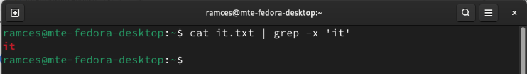 A terminal showing Grep matching entire lines on the target string.