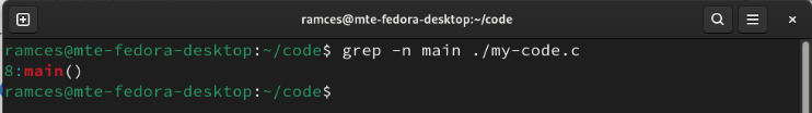 A terminal showing Grep printing the line number of the target string in the my-code.c file.