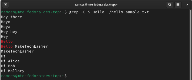 A terminal showing Grep's ability to print the surrounding context of a target string.