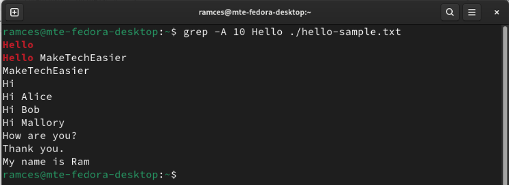 A terminal showing Grep printing the next 10 lines after its initial string match.