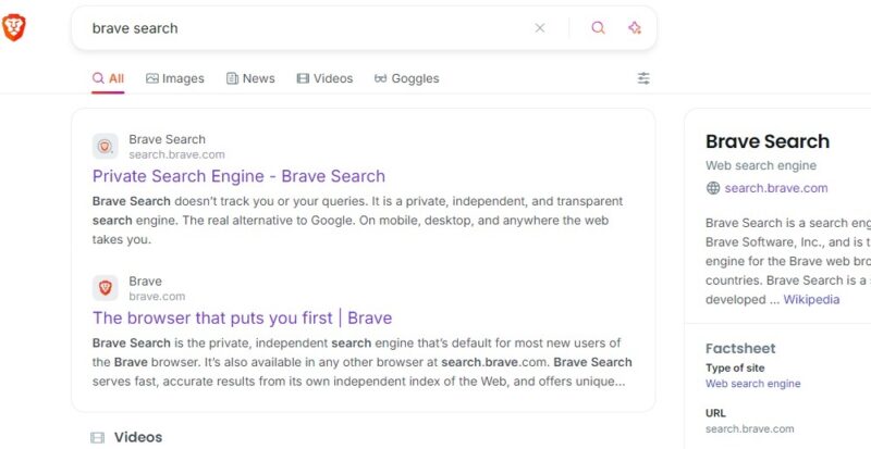 Sample of a Brave search.