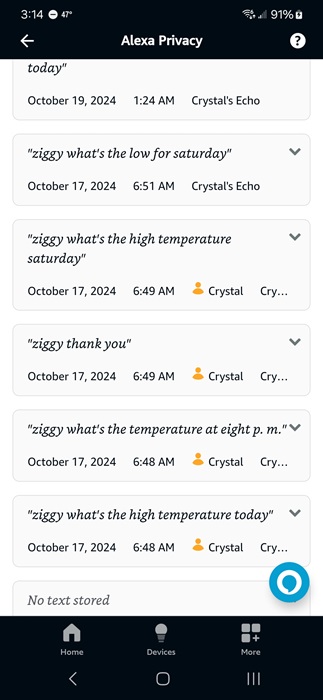 Recorded conversations with Amazon Alexa.