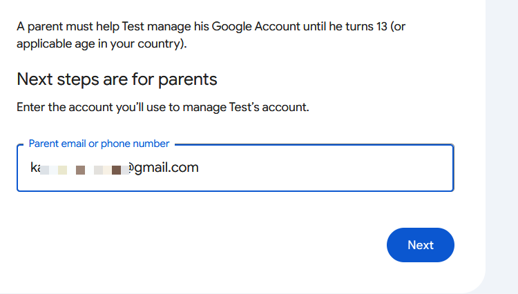 Google account creation parents email page