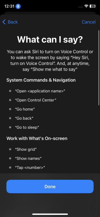 Tapping Done button to finish setting up Voice Control on iPhone. 
