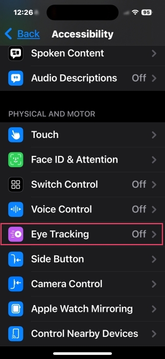 Tapping on "Eye Tracking" feature in iPhone Accessibility menu.