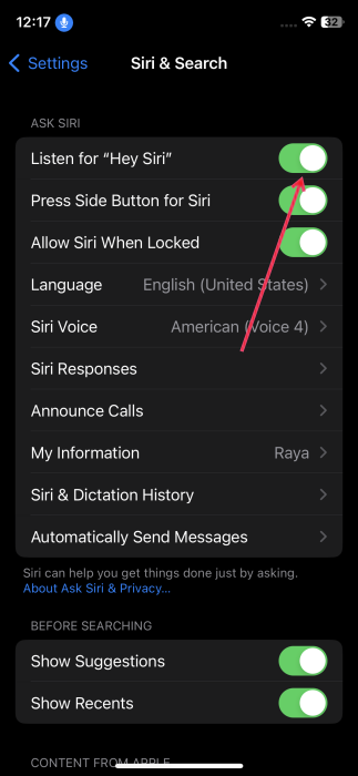 Enabling "Listen to Hey Siri" option in iPhone Settings. 