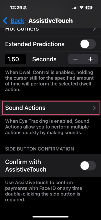 Selecting "Sound Actions" in iPhone Settings.