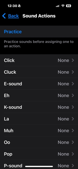 View of Sound Actions in iPhone Settings. 
