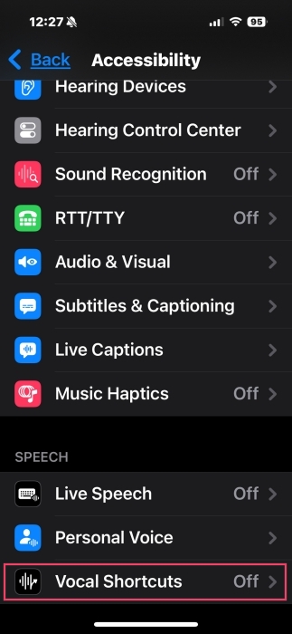 Tapping on "Vocal Shortcuts" option in iPhone Accessibility. 