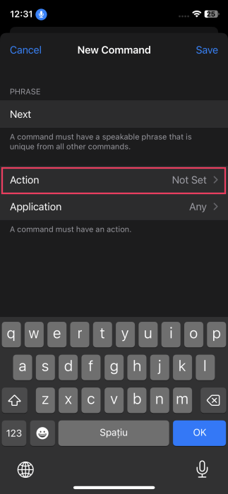 Tap on "Action" in New Command screen in Voice Control on iPhone.