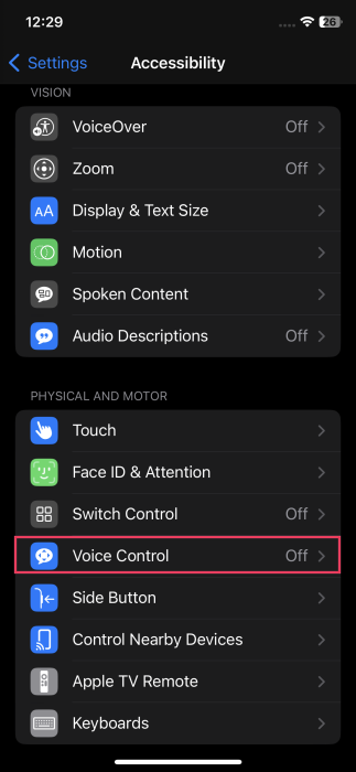 Tapping on "Voice Control" in iPhone Accessibility menu.