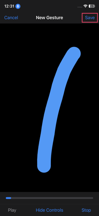 Pressing "Save" for new gesture in Voice Control menu on iPhone. 