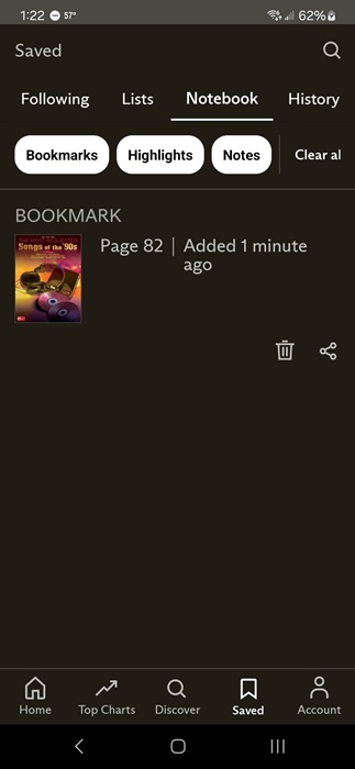 Checking bookmarks in the Everand notebook.
