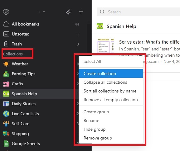 Creating a collection in Raindrop.