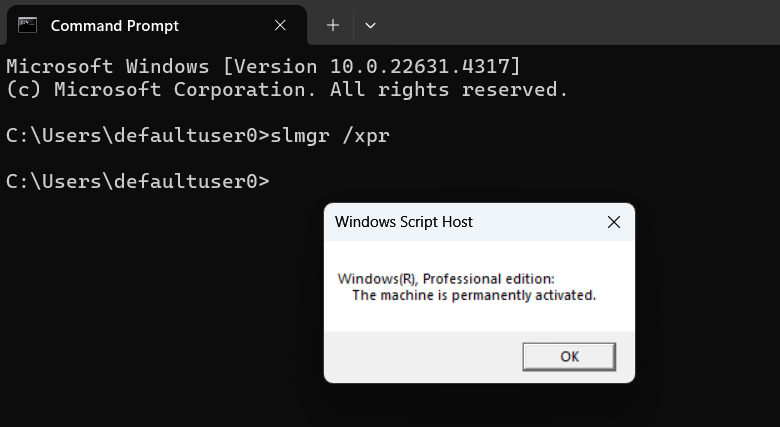 Windows Activated information dialog