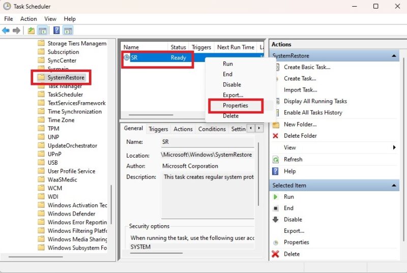 Selecting Properties on the System Restore task.