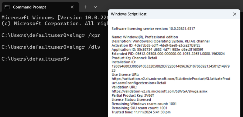 Slmgr showing Windows License Information