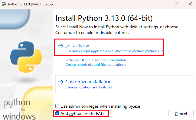 A screenshot of the Windows Python 3.13.0 installer.
