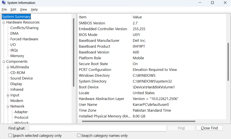 Windows System Information showing system summary