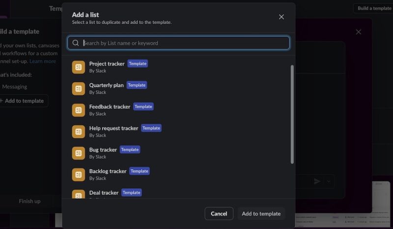 Choose the type of list you want to add to a Slack template