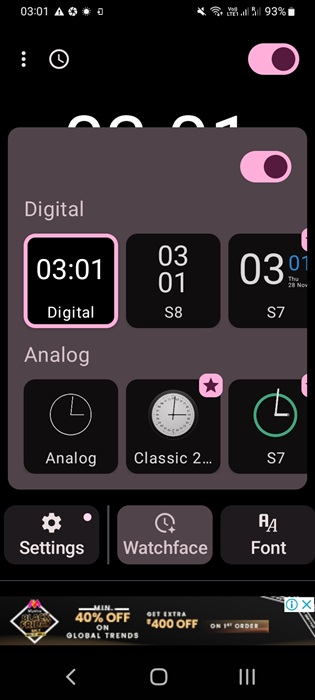 Always ON AMOLED app with digital and analog watchface settings.
