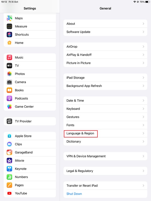 Changing the region and language from Settings on an iPad.