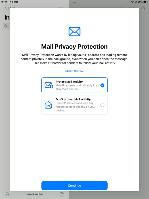 Mail Privacy Protection enabled on an iPad for Outlook email app.