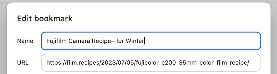 Editing a bookmark name in Google Chrome via the Name tab