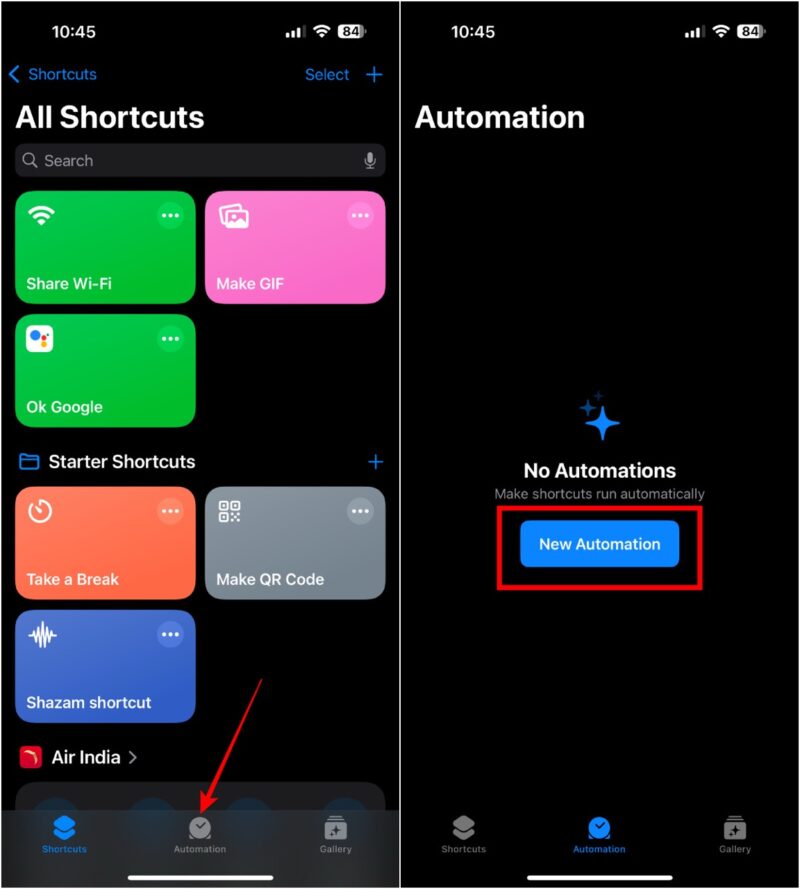 Create New Automation Shortcuts App
