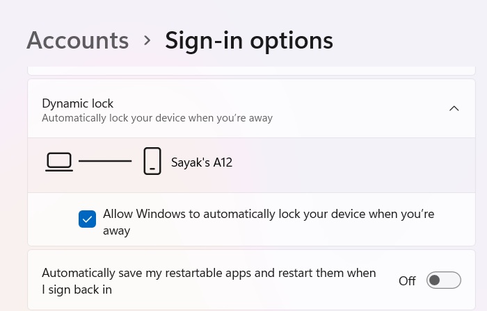 Phone pairing visible under "Dynamic lock" settings.