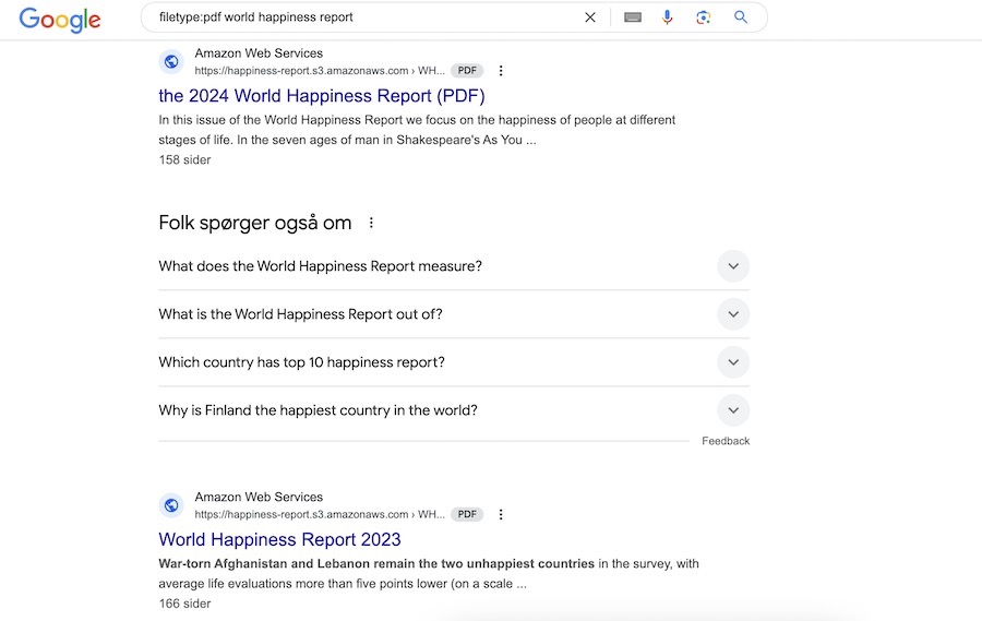 A "filetype: operator" search operator in Google results