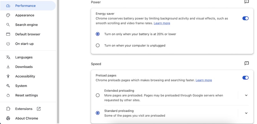 The preload speed settings in Google Chrome