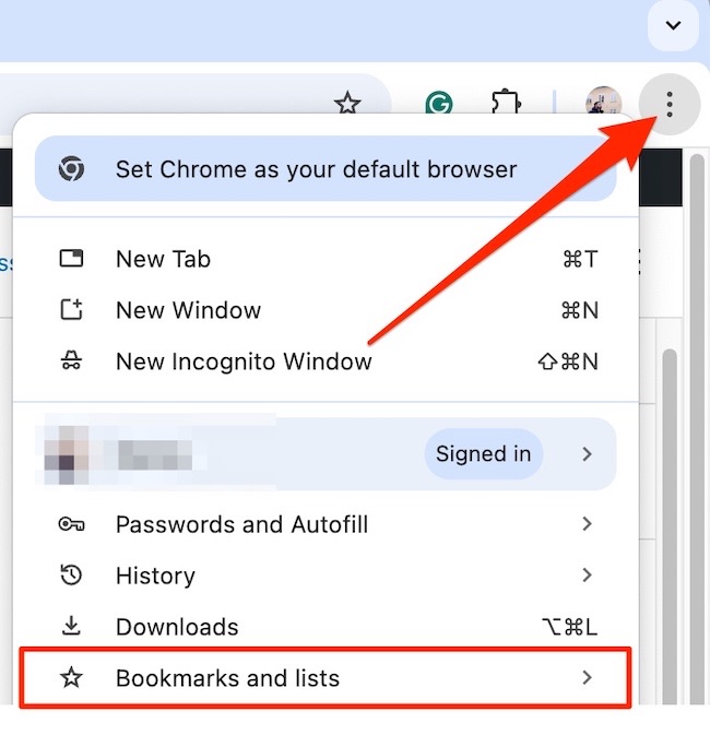 Select Bookmarks and lists after tapping the three-dot icon in the top right-hand corner