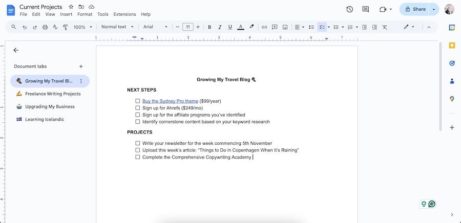 A list of different tabs in Google Docs