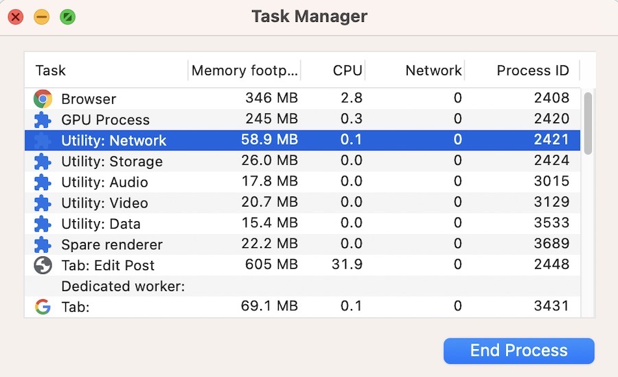 The Task Manager in Google Chrome