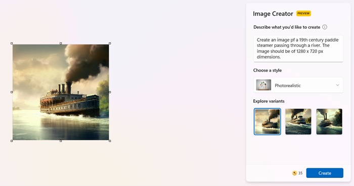 MS Paint's Cocreator fails to create images based on specified dimensions.