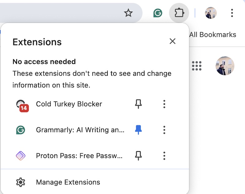 Select Manage Extensions in Google Chrome