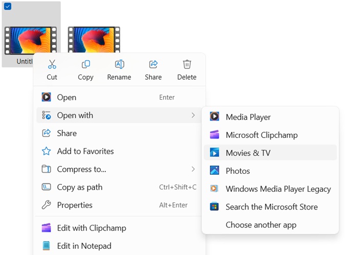 "Open with" menu with the previous application deleted from the list.