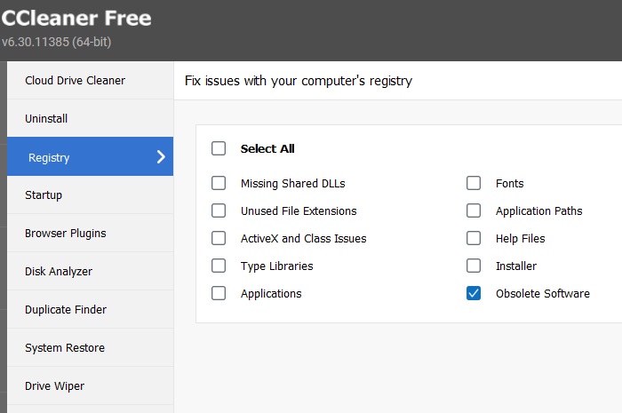 Selecting "Obsolete Software" in list of Windows applications to be optimized using Windows CCleaner.