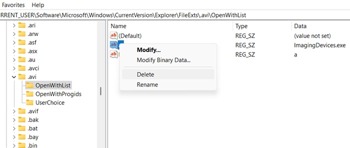 Deleting ImagingDevice application from AVI's "Open with" list in Registry Editor.