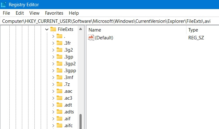 FileExts key in Windows Registry Editor with AVI subkey open.
