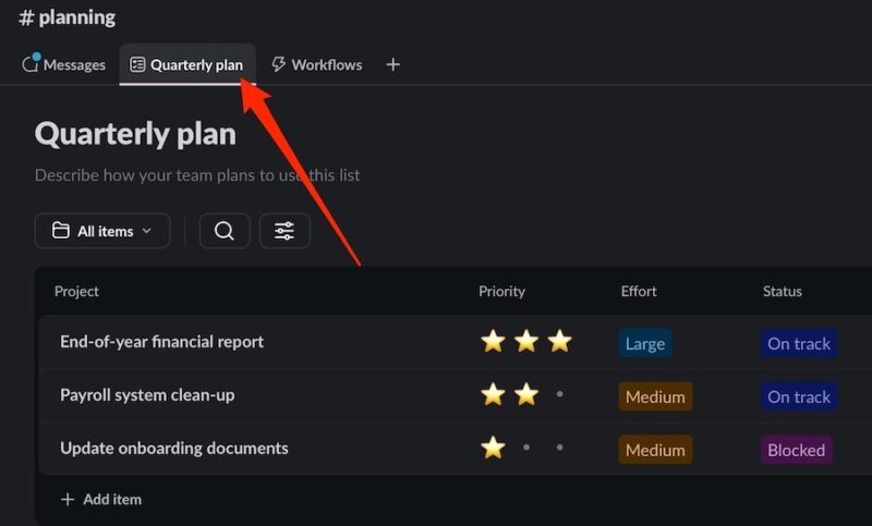 Select your list in the Slack app