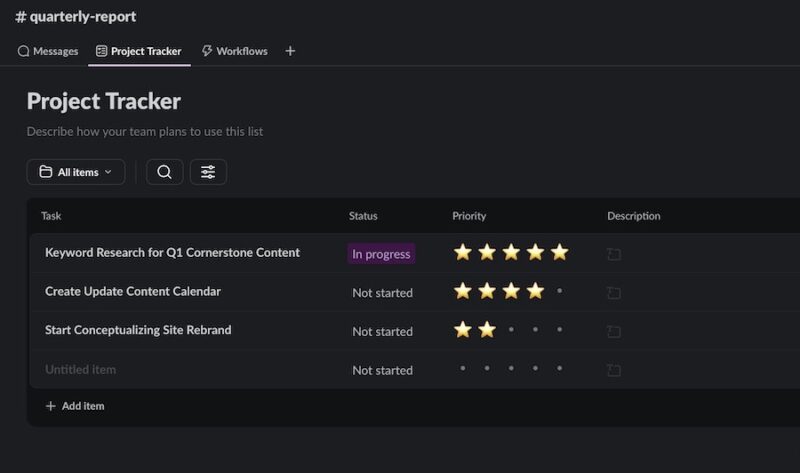 A project tracker list in the Slack app