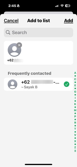 Add a chat from a contact to a WhatsApp list being created.