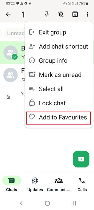 Adding a chat group to an existing WhatsApp list from the three-dot menu.