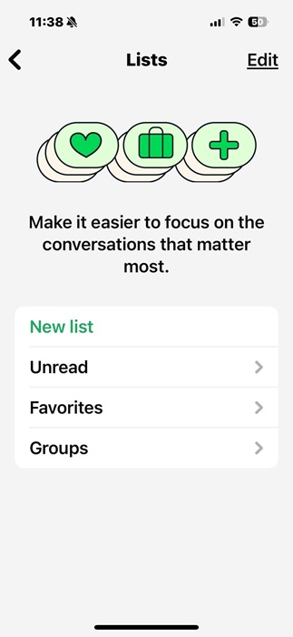 Viewing a full collection of default lists on WhatsApp for an iPhone user.