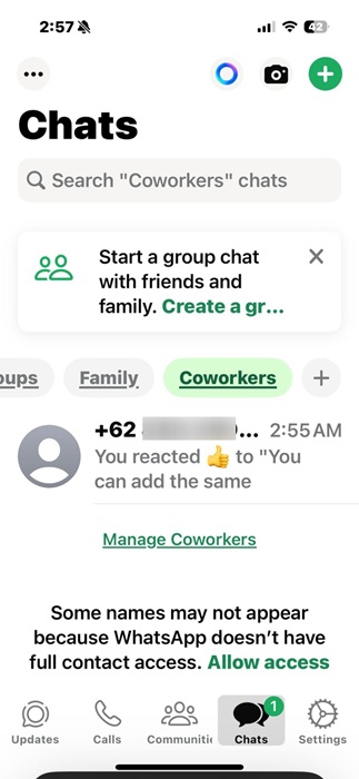 WhatsApp Lists feature with "Family," "Coworkers," and other lists indicated on a horizontal filter bar.