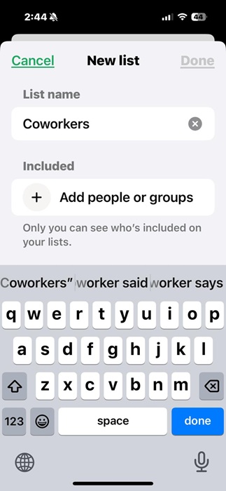 Giving a name called "Coworkers" to a list being created on WhatsApp.